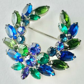 D&e Juliana Vintage Sapphire Blue Emerald Green Rhinestone Flower Brooch Pin 369