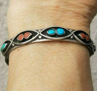 Vintage Navajo Peti Point Turquoise Red Coral Sterling Silver 925 Cuff Bracelet