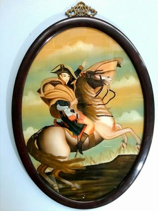 Antique Napoleon On Horse Back Reverse Painting On Glass French Revolution