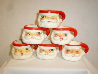 Vintage 1960 Holt Howard Ceramic Christmas Winking Santa Miniature Mugs Set Of 6