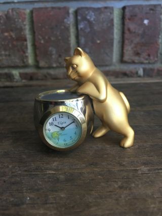 Vintage Elgin Cat With Fish Bowl Collectible Mini Clock