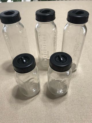 5 Vintage Evenflo Glass Baby Bottles (3) 8oz (2) 4oz With Lids And Rings