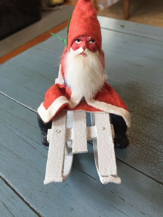 Putz Santa On A Wooden Sled Composition German Germany Antique Felt Suit Htf