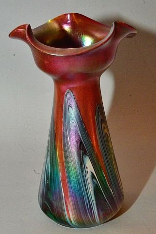 Antique Loetz Art Glass Vase 11 " Iridescent Red W/ Marbelized Pulled Swirls