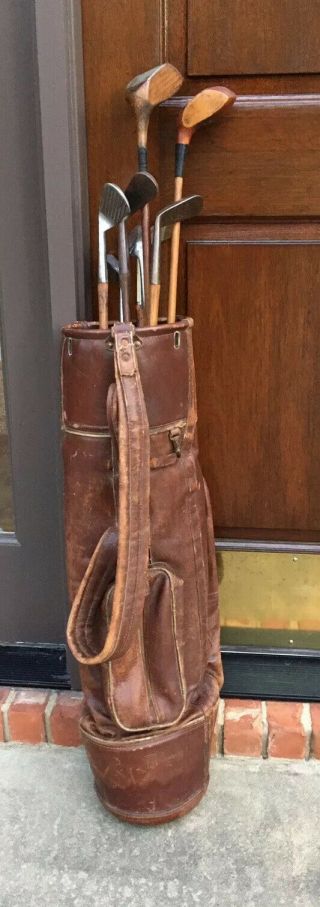 Antique Hickory Wood Shaft Golf Clubs And Walter Hagen Leather Bag