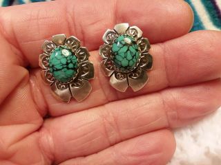 Vintage Navajo Indian Mountain Spiderweb Turquoise Sterling Silver Earrings