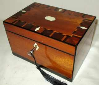 Small Antique Blonde Mahogany Inlaid Tea Caddy With Key