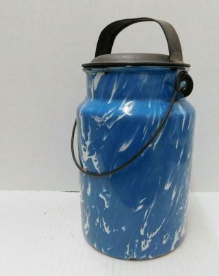 Vintage Blue & White Swirl Enamel Graniteware Lidded Milk Can Handled Jug