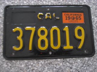 1963 Black California Motorcycle License Plate,  1965 Validation,  Dmv Clear