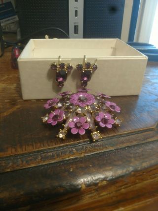 Vintage Coro Yellow Gold Violets Rhinestone Pin & Amethyst Earrings Set