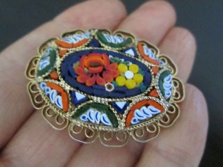 Vintage Gold Blue Green Yellow Red Mirco Glass Mosaic Flower Brooch Pin