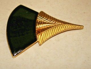 Vintage Trifari Signed Gold Tone Black Enamel Art Deco Style Jewelry Brooch Pin 2
