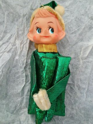 Vintage Christmas Knee Hugger Pixie Elf Japan Rubber Face Green Metallic 6 "