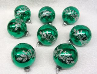 Vtg 8 Stencil Christmas Tree Ornaments Emerald Green Silver Glitter Bells Holly