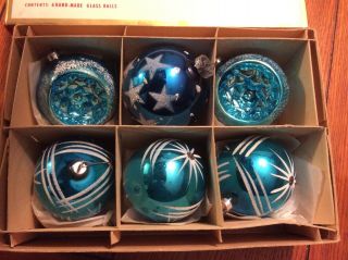 6 Vintage Blue Mercury Glass Christmas Ornaments W.  Germany