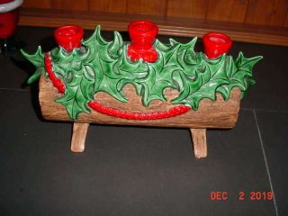 Vintage Atlantic Mold Ceramic Christmas Yule Log Holly/leaves Candle Holder