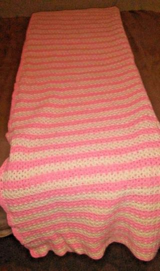 Vtg Rose Pink White Afghan Crochet Blanket Fits Queen Size Full Bed.  65 " X 55 "