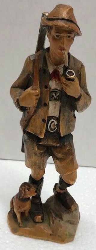 Vintage Carved Wood Black Forest German Huntsman With Dog & Shotgun