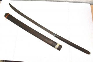 Antique Thailand Dha Sword Burmese Thai Wood Mounted Two Handed Forged Blade