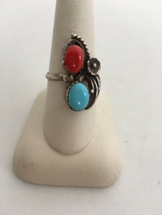 Vintage Sterling Silver 925 Blue Turquoise Red Coral Ring Size 9 1/2 (a20)