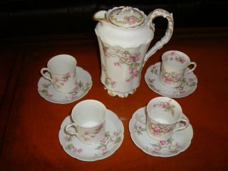 Antique Haviland Limoges Chocolate Coffee Tea Set,  Pot,  4 Cups,  Pink Flowers