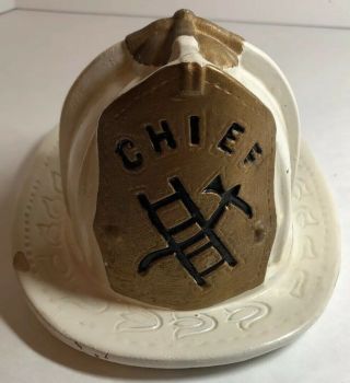Vtg Fire Chief F.  D.  Helmet Coin Piggy Bank Dept Firefighter Fireman Hat Cream