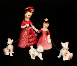 Vintage Napco Mother And Daughter Figurines In Pink Dresses With Poodles 1950s