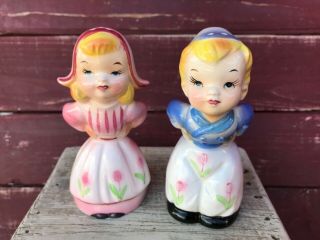 Vintage Dutch Porcelain Boy And Girl,  Salt/pepper Shakers With Clapper Bell