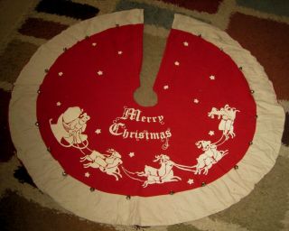 Vtg Felt 52” Merry Christmas Santa’s Sleigh Reindeer Tree Skirt Stamped