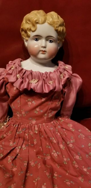 Antique Large Blonde China Shoulder Head Doll Porcelain 30 " Tall W/ 7 " Tall Head