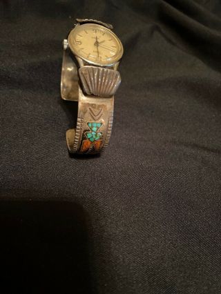 Vintage Navajo Sterling Turquoise Coral Inlay Watch Bracelet Cross Hallmark Time
