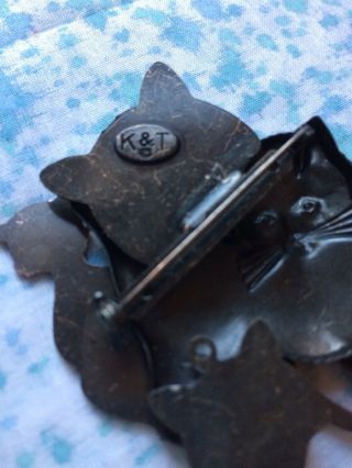 Vintage Signed K&T Jewellery Silver Brass Copper Feline Cats Animal Brooch Pin 2