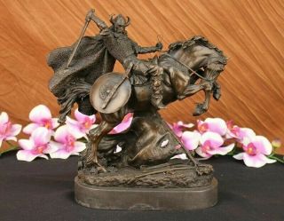 11 " Viking Warrior Rearing On Horse Statue / Sculpture Antique Pure Bronze