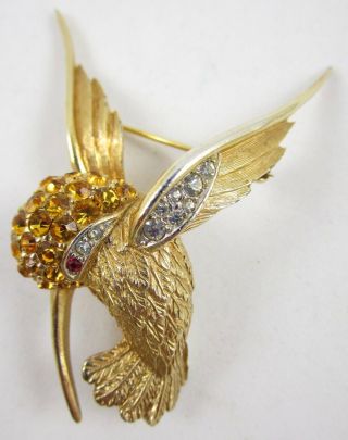 Charming Vintage Marcel Boucher Gold Tone Rhinestone Hummingbird Pin