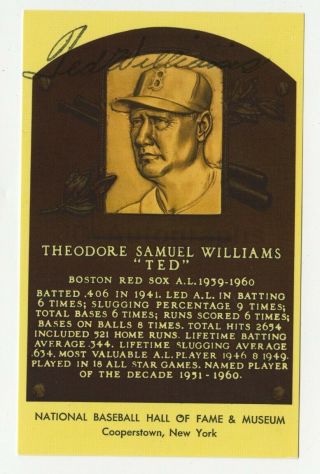Ted Williams - Mlb Hall Of Fame - Autographed Hall Of Fame Plaque Postcard
