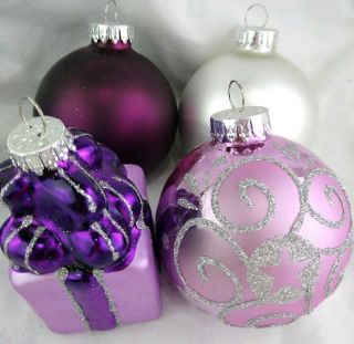 Vintage Glass Christmas Ornaments Set Of 4 White Purple Glitter Present Shaped