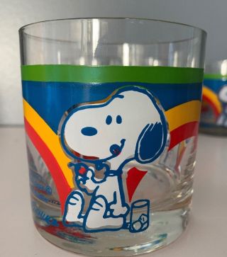Vintage Peanuts Gang Snoopy Woodstock Low Ball Rainbow Glasses Set Of 4