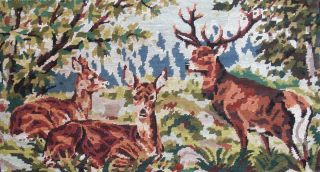 Vintage Completed Cotton Needlepoint Tapestry Deer & 2 Doe In Woods 27 " X14.  5 "