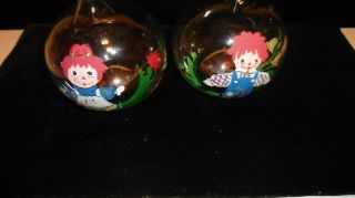 Vintage Raggedy Ann & Andy Hand Painted Ball Christmas Ornaments Made In Italy