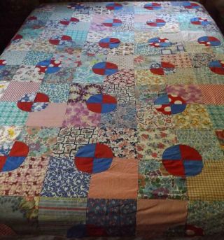 Snowball Quilt Top Hand Stitched Vintage Fabrics Red And Blue Snowballs 73 X 86