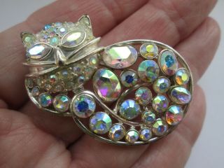 Aurora Borealis Glass Silver Tone Resting Cat Feline Animal Vintage Brooch Pin