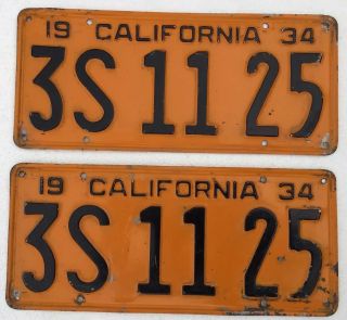 1934 California License Plates Pair Dmv Clear,  Patina