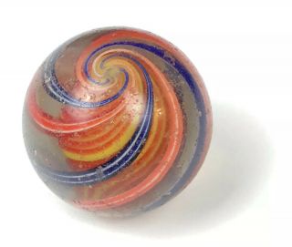 Large Old Vintage Blue Red Yellow Swirl Antique Glass Marble 48mm