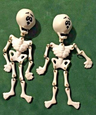 Skeleton Earrings Halloween Plastic Vintage Pierced Signed 1990 Hmk.  4 1/2 " Long