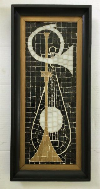 Vtg Mid Century Hand Made Wall Art Stone Mosaic Plaque Musical Instruments 26 "