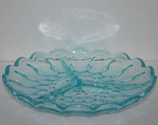 Vintage Aqua Blue 3 Section Divided Glass Relish Serving Dish Tray Scalloped Rim