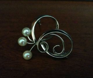 Vintage Mikimoto 3 Pearl Sterling Silver Brooch Signed