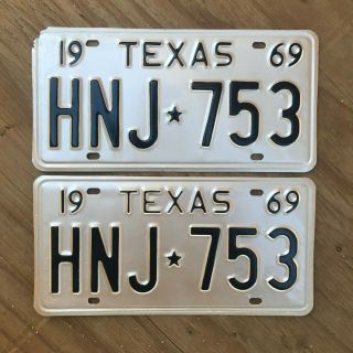 1969 Texas License Plate Pair Hnj 753 Yom Dmv Clear Ford Mustang Chevy Camaro