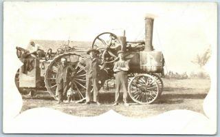 Vintage Farming Rppc Real Photo Postcard Steam Tractor & Crew On Farm - C1910s