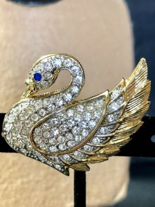 Vintage Signed Park Lane Gold - Tone Paved Clear Rhinestone Swan Pin Brooch 2”